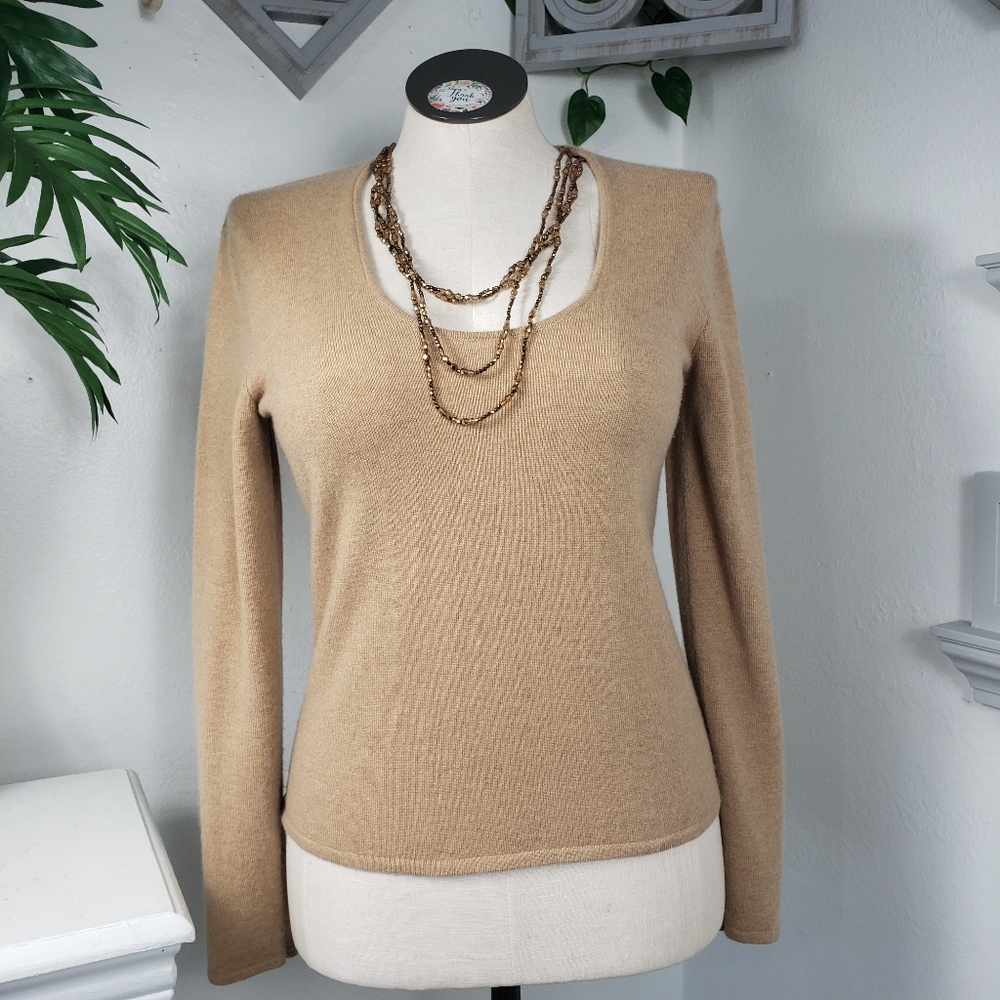 Ralph Lauren Beige 100% Cashmere Sweater w/ Attached Glass Bead Necklace L